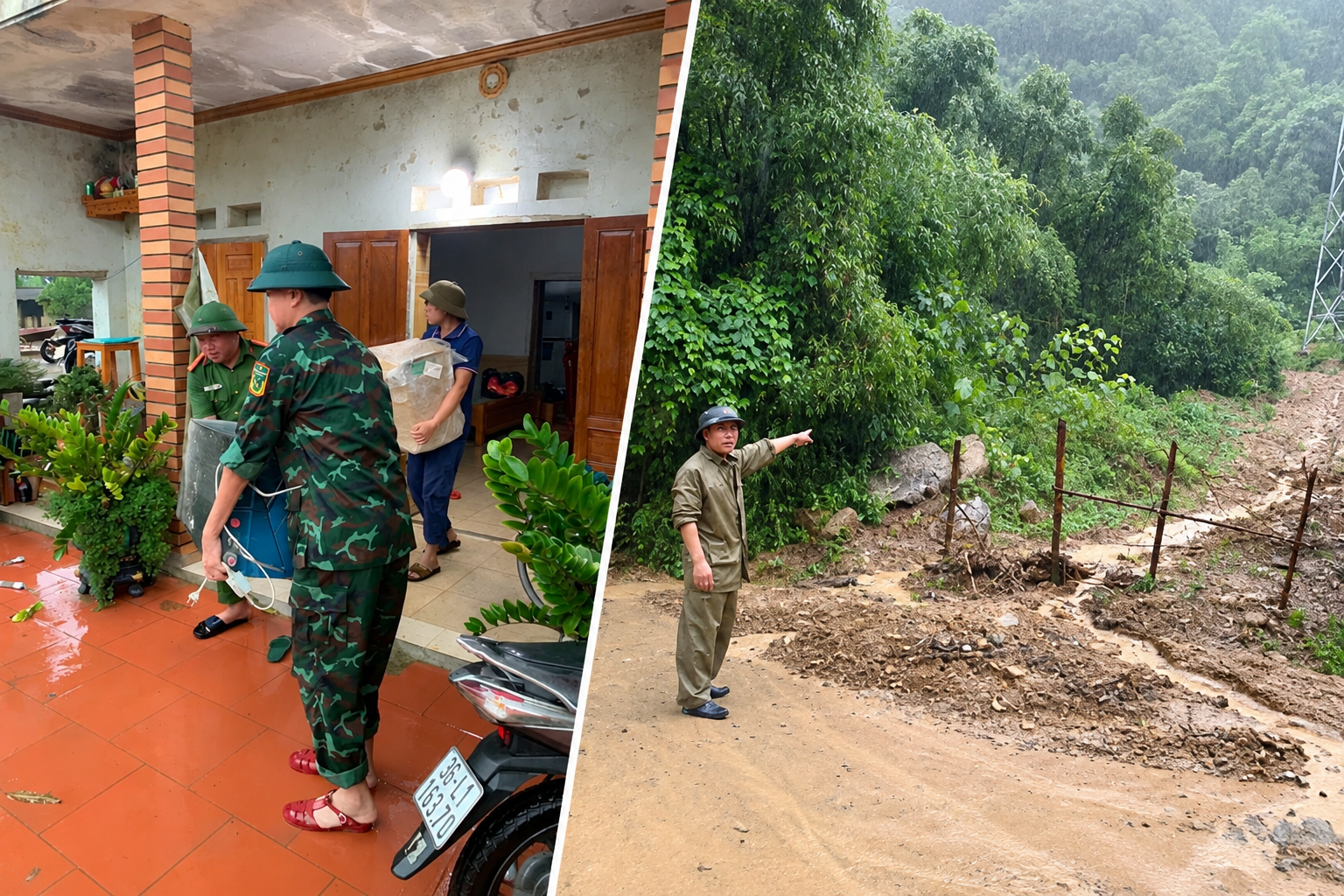 Lực lượng Công an xã Cẩm Tú phối hợp các lực lượng tại chỗ hỗ trợ người dân di chuyển tài sản đến nơi an toàn, đồng thời kiểm tra các khu vực có nguy cơ sạt lở do mưa lớn.